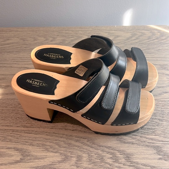 Swedish Hasbeens Shoes - Swedish Hasbeens Wooden Strappy Leather Velcro Slip-On Platform Sandal